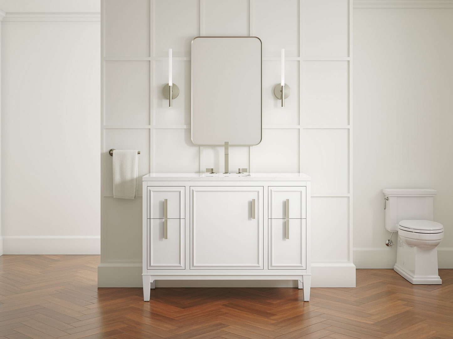 KOHLER K-33546-ASB-0 Southerk 48" Bathroom Vanity Cabinet With Sink And Quartz Top In White