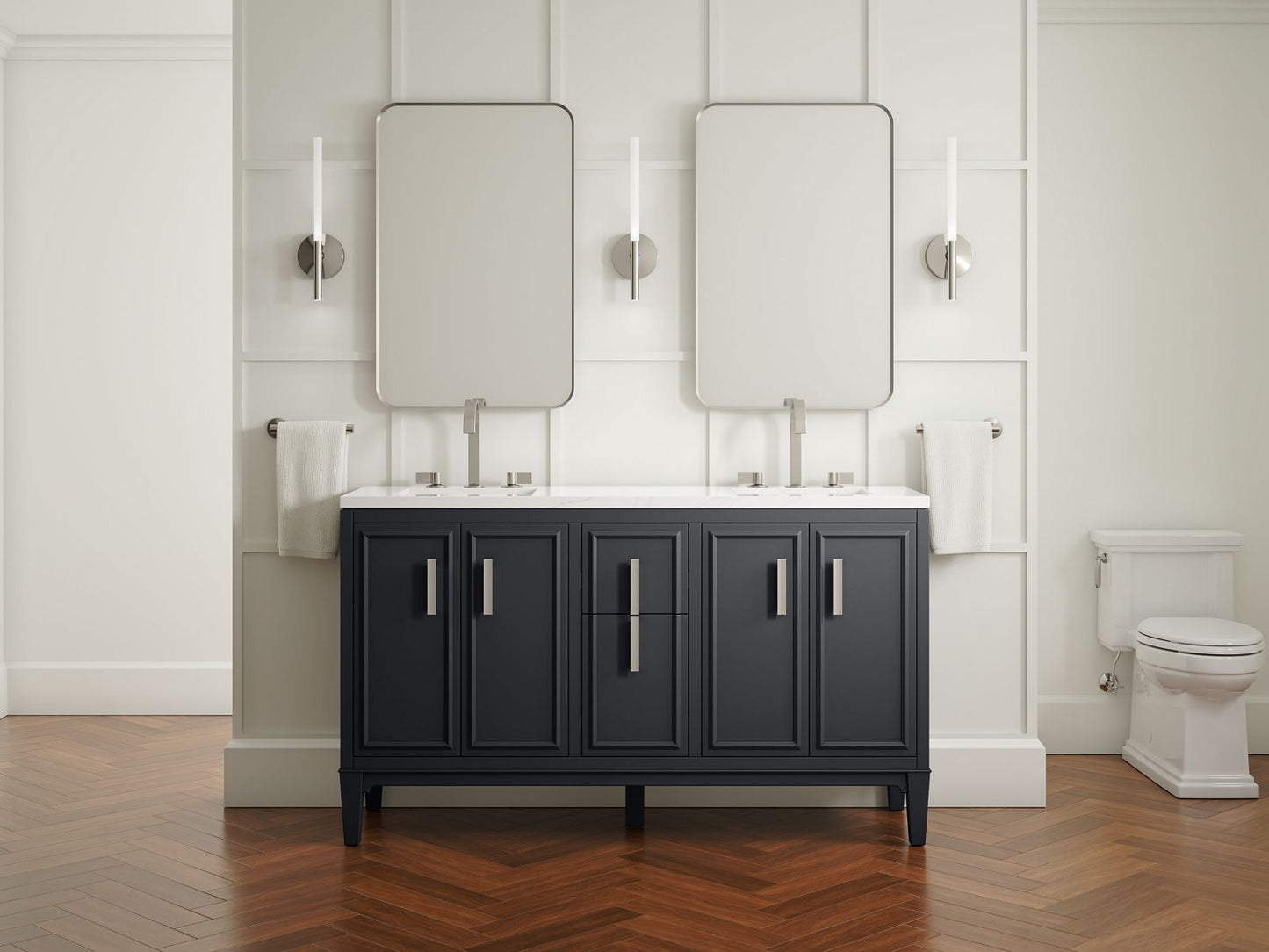 KOHLER K-33547-ASB-1WX Southerk 60" Bathroom Vanity Cabinet With Sinks And Quartz Top In Slate Grey