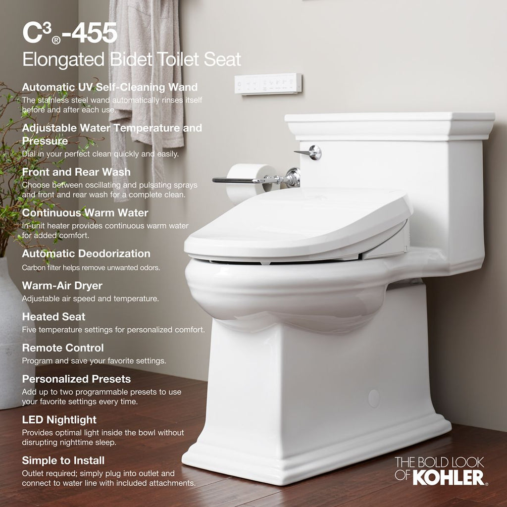 KOHLER K-8298-CR-0 Purewash E820 Elongated Bidet Toilet Seat With Remote Control - White