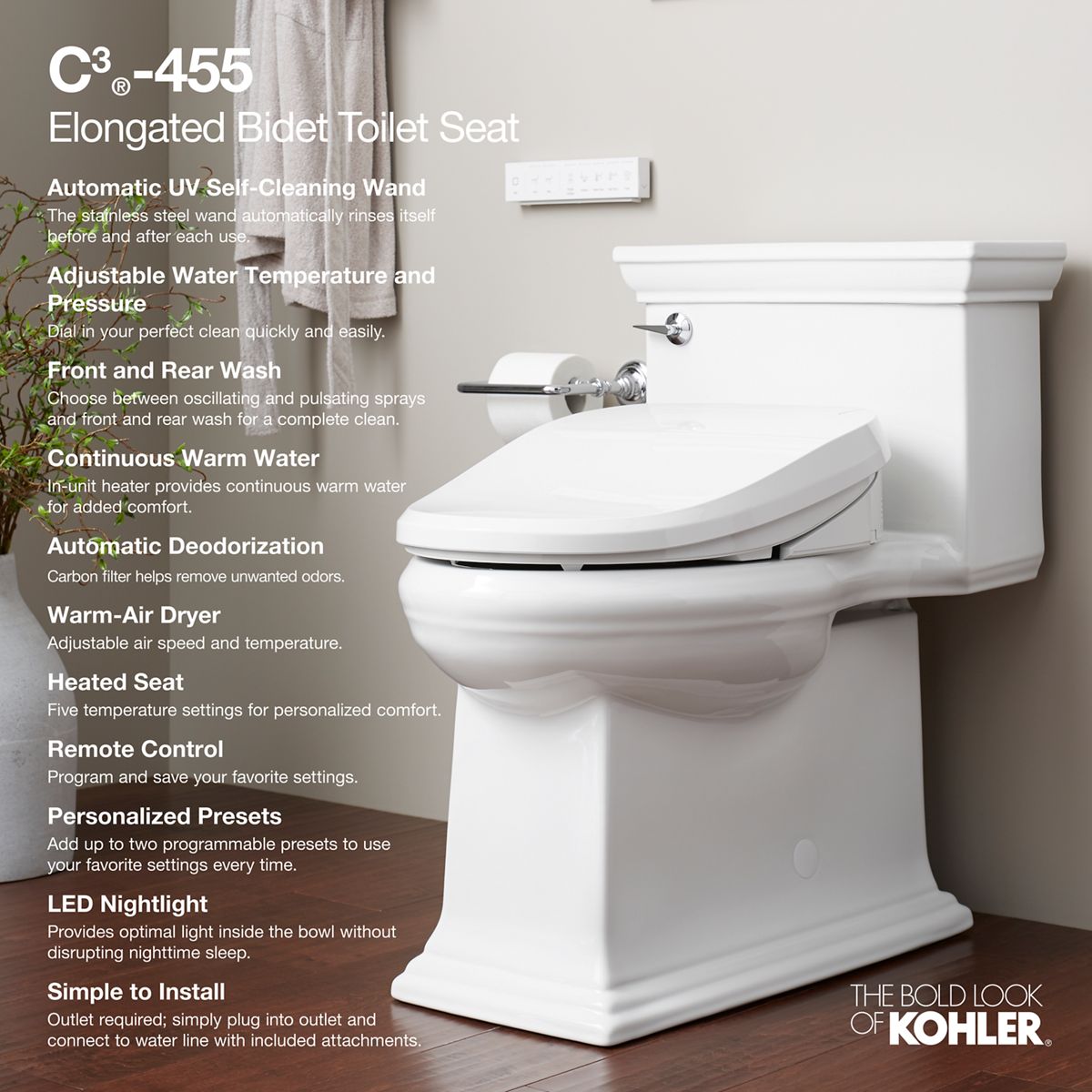 KOHLER K-8298-CR-0 Purewash E820 Elongated Bidet Toilet Seat With Remote Control - White