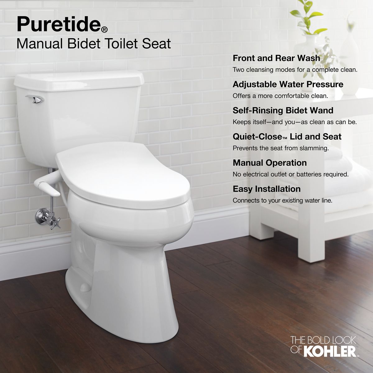 KOHLER K-5724-0 Purewash M250 Elongated Manual Bidet Toilet Seat - White