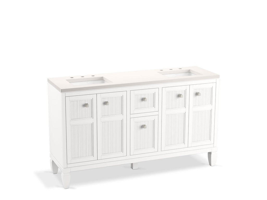 KOHLER K-33539-ASB-0 Hearthaven 60" Bathroom Vanity Cabinet With Sinks And Quartz Top - White