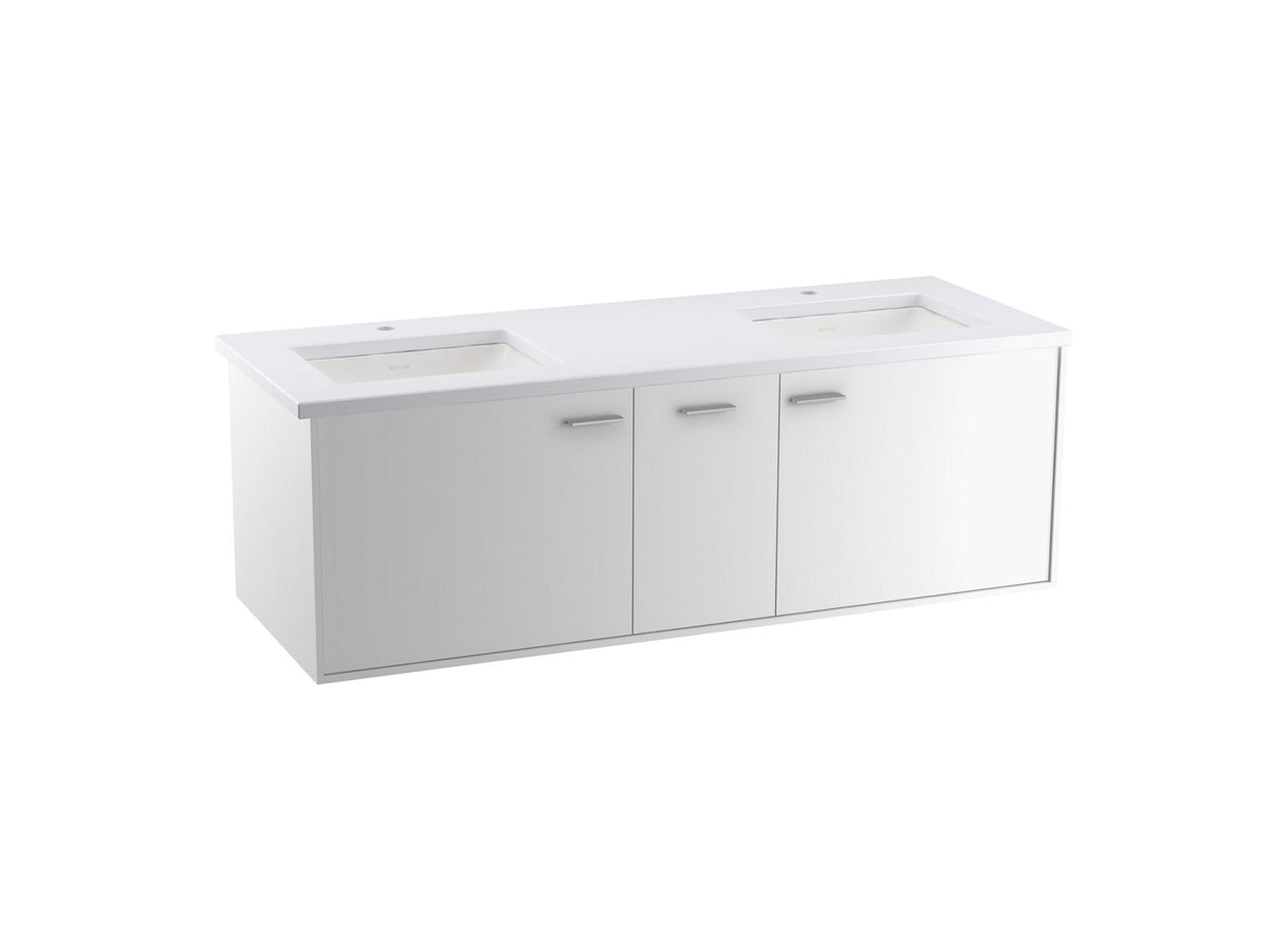 KOHLER K-CM99548-BD1-1WA Jute 60" Wall-Hung Bathroom Vanity Cabinet With Sinks And Quartz Top - Linen White