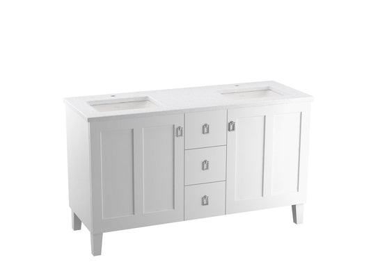 KOHLER K-CM99537-BD1-1WA Poplin 60" Bathroom Vanity Cabinet With Sinks And Quartz Top In Linen White