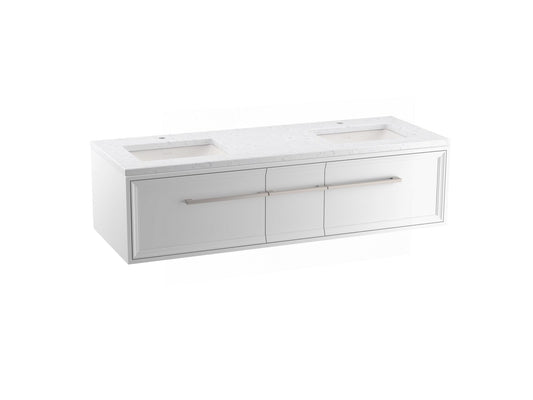 KOHLER K-CM33567-BD1-1WA Lodern 60" Wall-Hung Bathroom Vanity Cabinet With Sinks And Quartz Top In Linen White