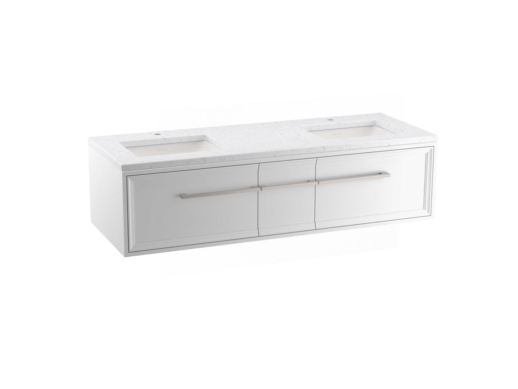 KOHLER K-CM33567-BD1-1WA Lodern 60" Wall-Hung Bathroom Vanity Cabinet With Sinks And Quartz Top - Linen White