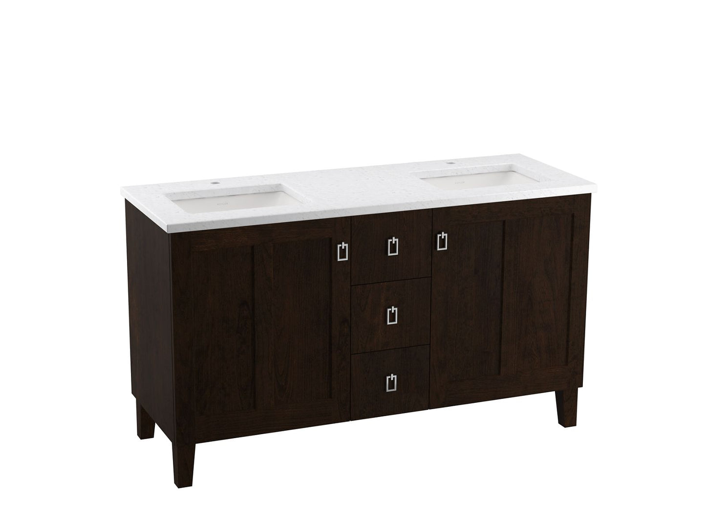 KOHLER K-CM99537-BD1-1WB Poplin 60" Bathroom Vanity Cabinet With Sinks And Quartz Top In Claret Suede