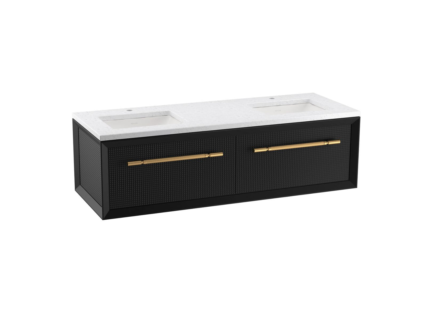 KOHLER K-CM33563-BD1-GL7 Enivo 60" Wall-Hung Bathroom Vanity Cabinet With Sinks And Quartz Top In Gloss Black