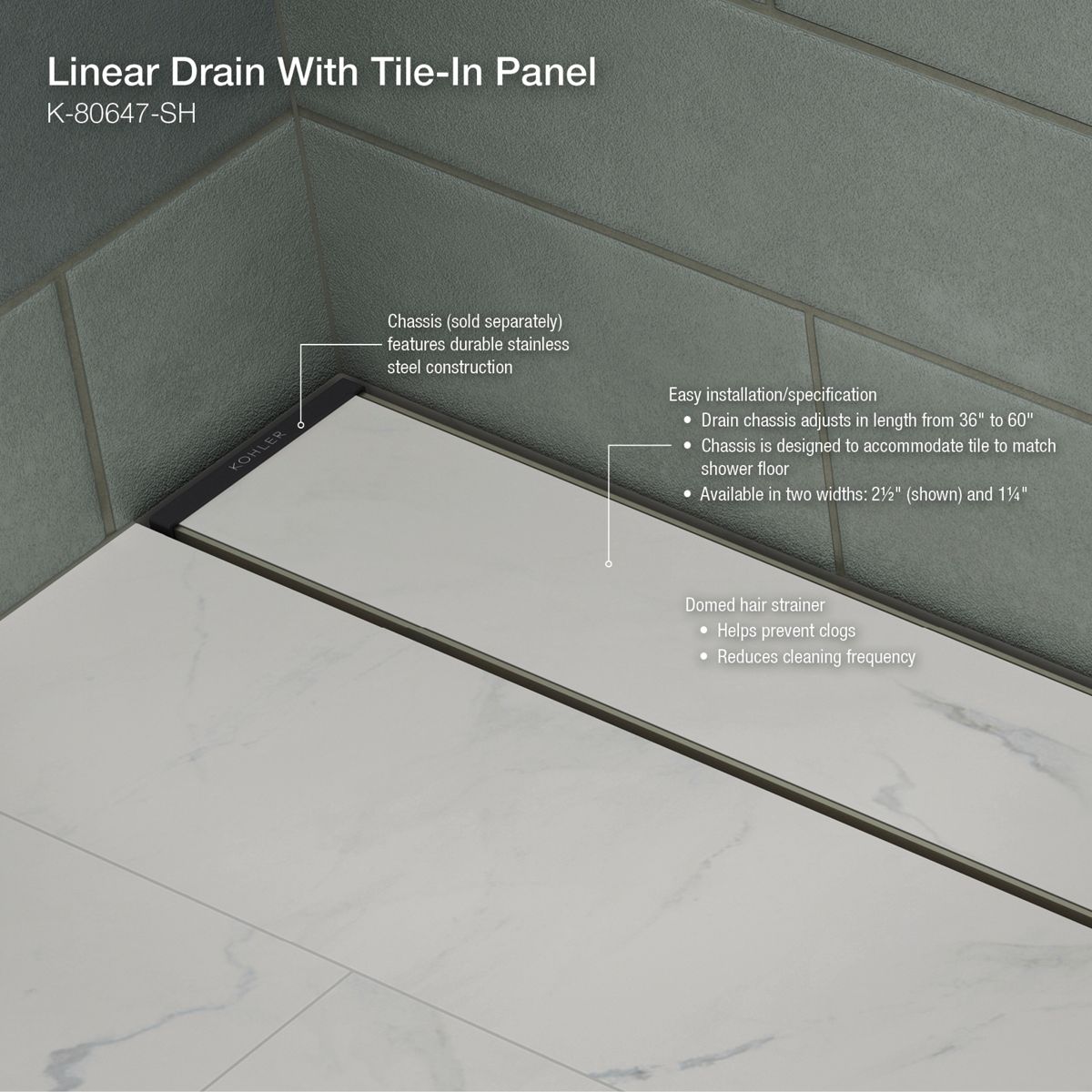 KOHLER K-80650-BL 1-1/4" X 36" Linear Drain Grate With Tile-In Panel - Matte Black