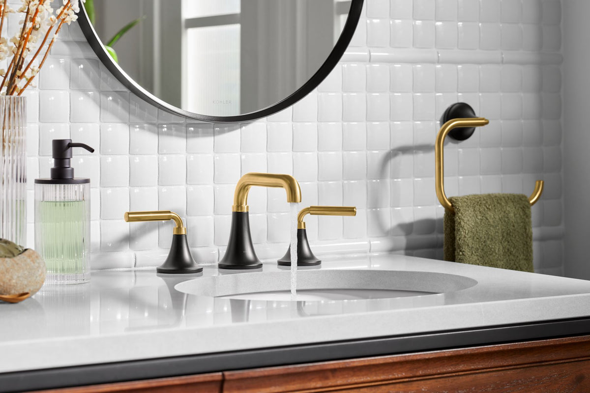 KOHLER K-27416-4N-BMB Tone Widespread Bathroom Sink Faucet, 0.5 Gpm - Matte Black With Brushed Moderne Brass