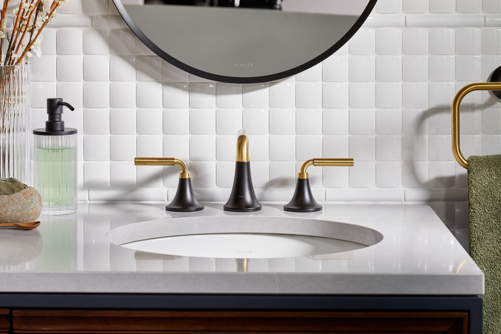KOHLER K-27416-4N-BMB Tone Widespread Bathroom Sink Faucet, 0.5 Gpm - Matte Black With Brushed Moderne Brass