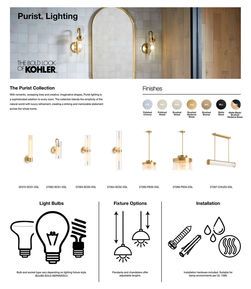 KOHLER K-32375-SC01-BLL Purist One-Light Sconce - Matte Black