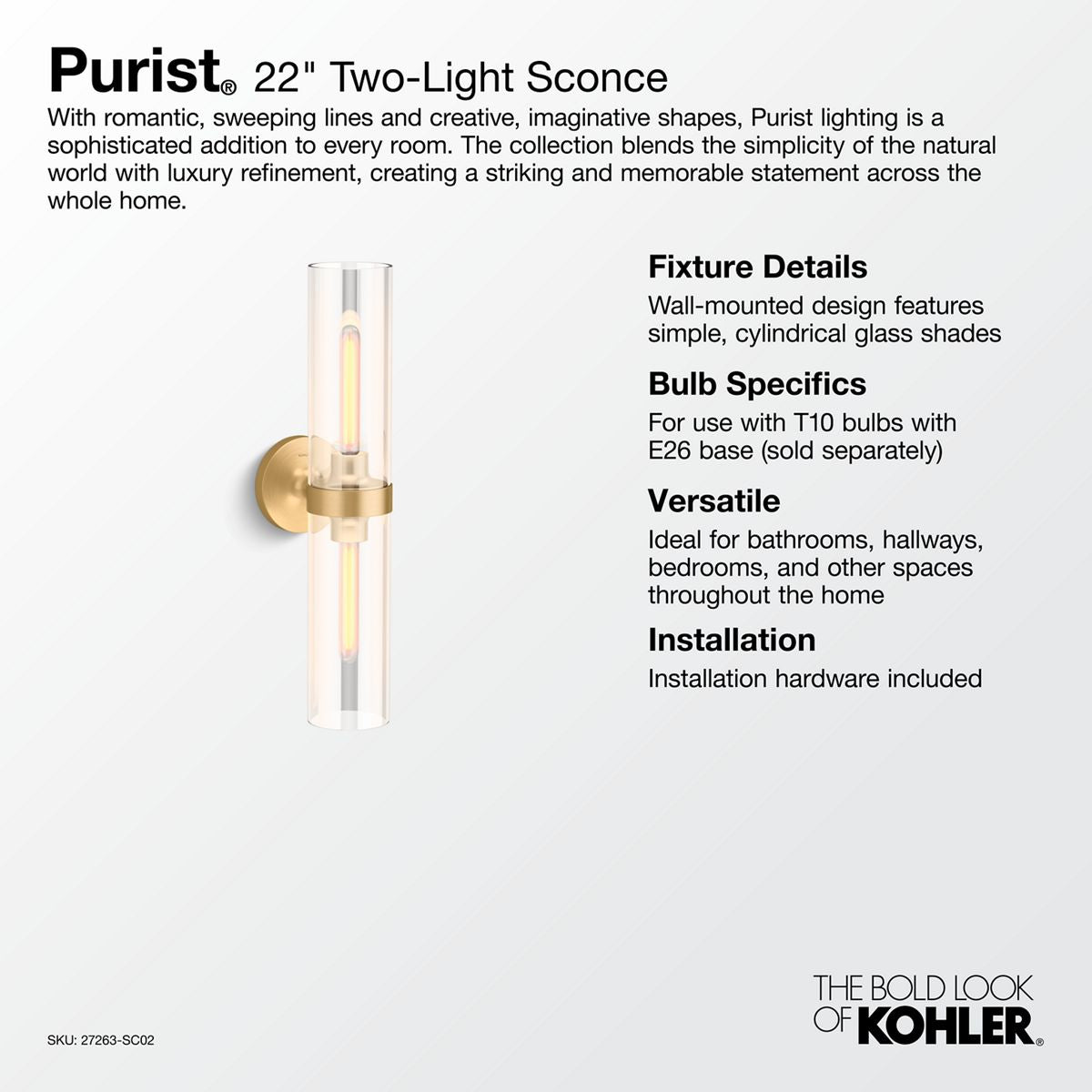 KOHLER K-27263-SC02-SNL Purist Two-Light Sconce - Polished Nickel