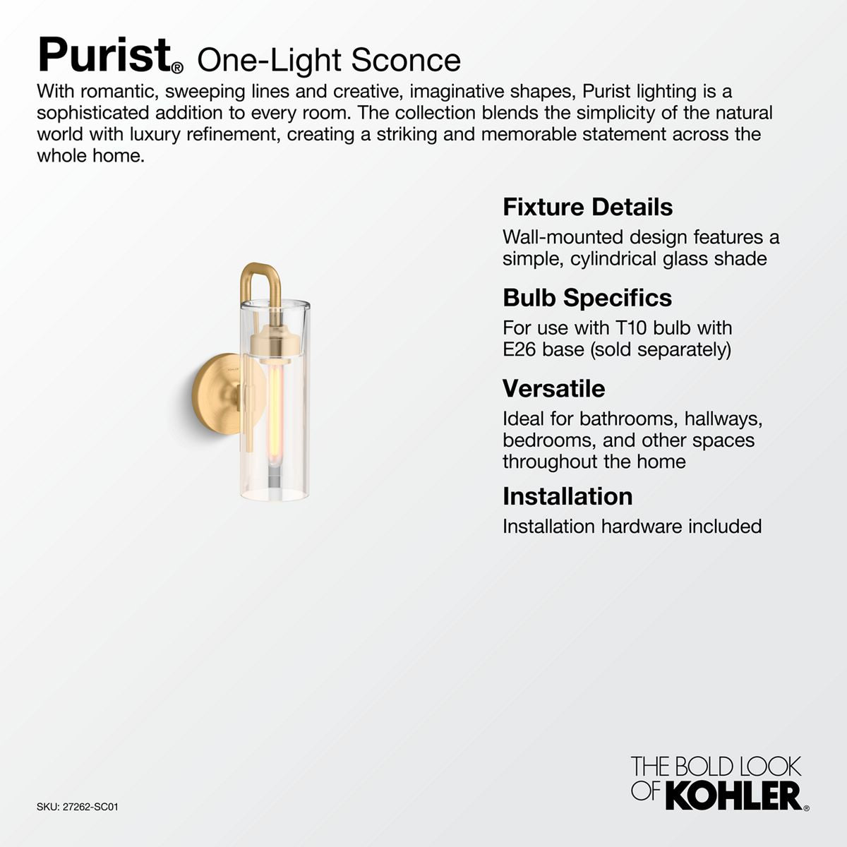 KOHLER K-27262-SC01-BLL Purist One-Light Sconce - Matte Black