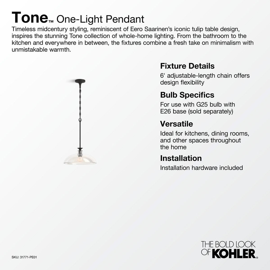 KOHLER K-31771-PE01-BML Tone 15" Pendant - Black With Brass Trim