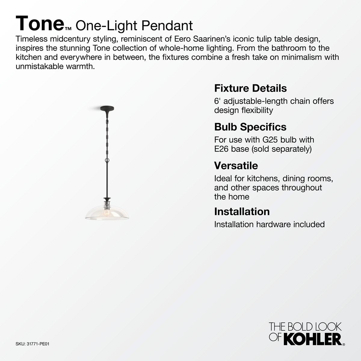 KOHLER K-31771-PE01-BML Tone 15" Pendant - Black With Brass Trim