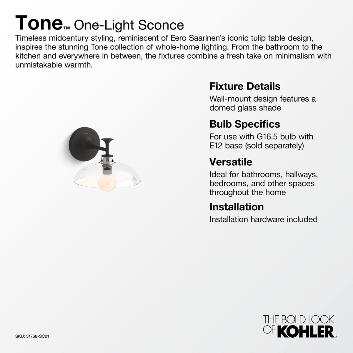 KOHLER K-31768-SC01-BLL Tone One-Light Sconce - Matte Black