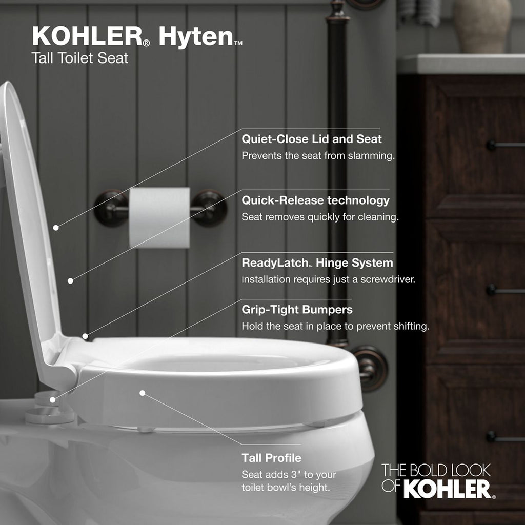 KOHLER K-25875-7 Hyten Elevated Quiet-Close Elongated Toilet Seat - Black Black