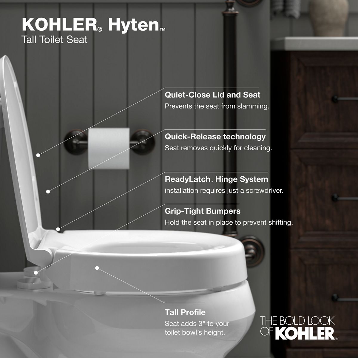 KOHLER K-25875-7 Hyten Elevated Quiet-Close Elongated Toilet Seat - Black Black