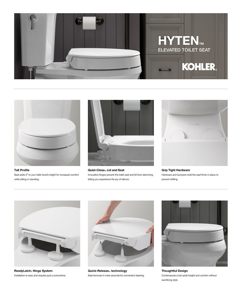 KOHLER K-25875-7 Hyten Elevated Quiet-Close Elongated Toilet Seat - Black Black