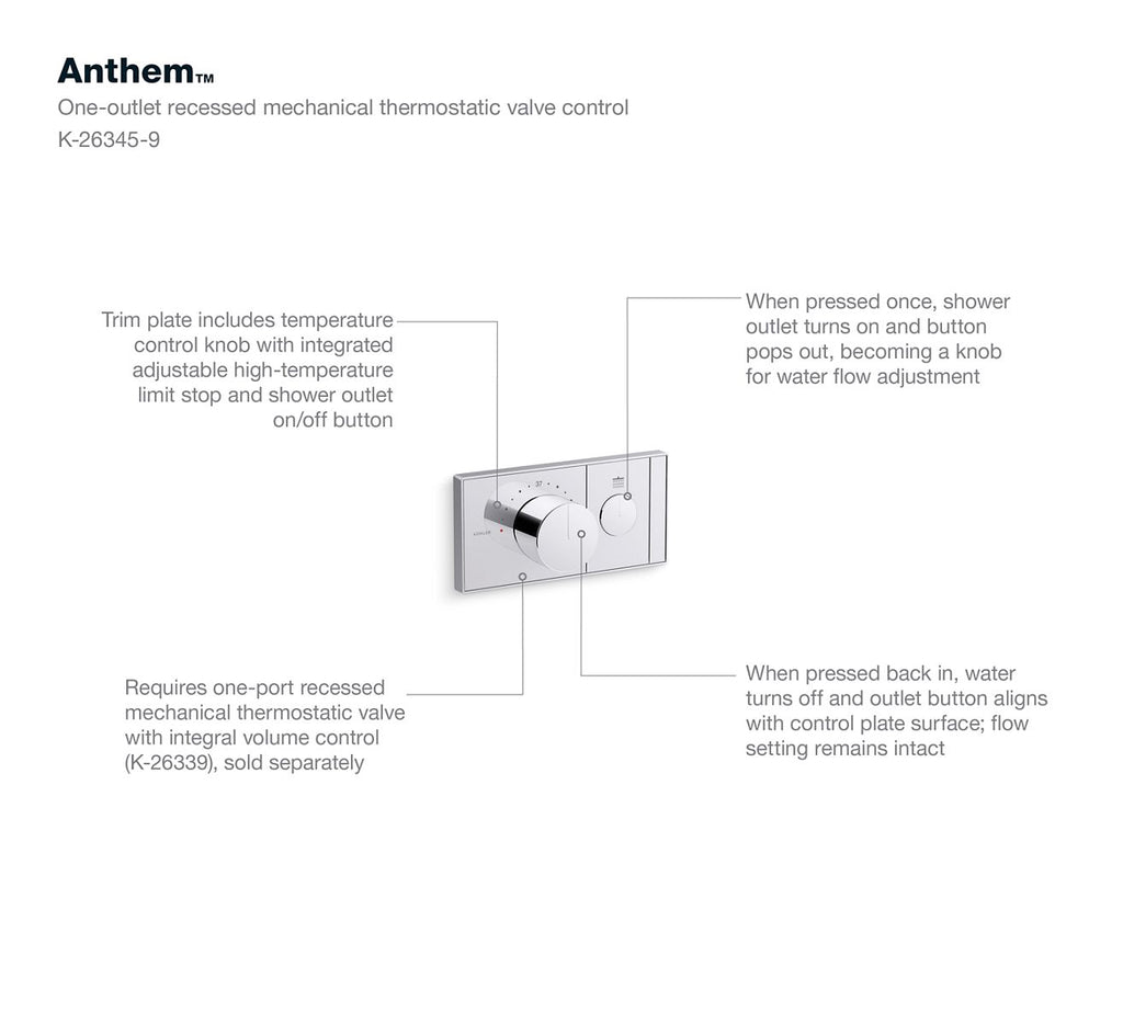 KOHLER K-26345-9-AF Anthem One-Outlet Recessed Mechanical Thermostatic Valve Control - Vibrant French Gold