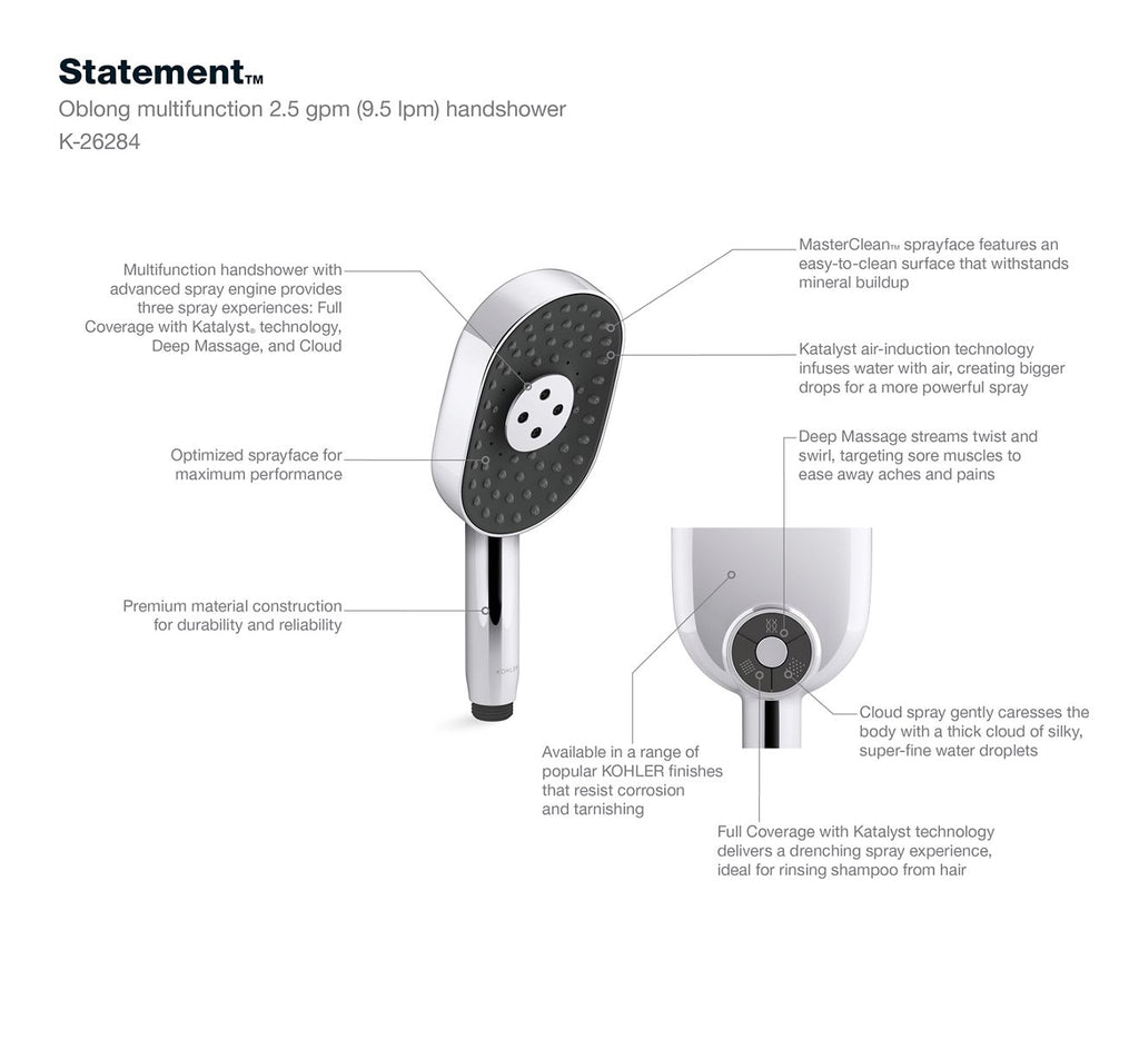 KOHLER K-26284-BV Statement Oblong Three-Function Handshower, 2.5 Gpm - Vibrant Brushed Bronze