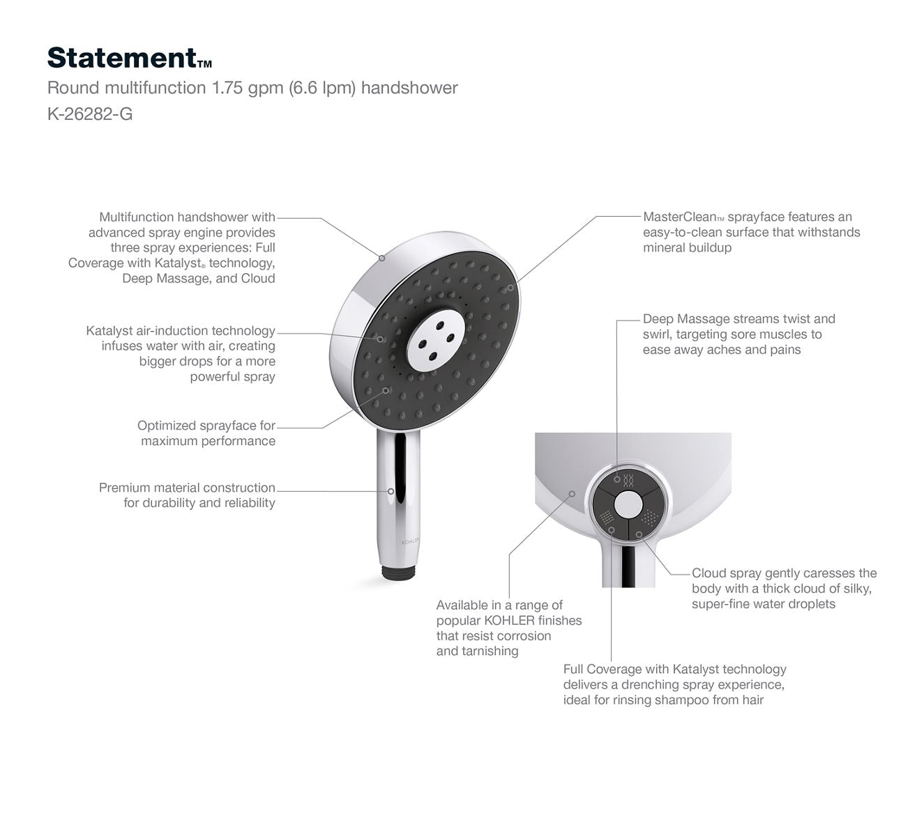 KOHLER K-26282-G-BN Statement Round Three-Function Handshower, 1.75 Gpm - Vibrant Brushed Nickel