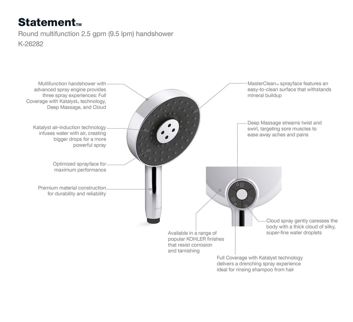 KOHLER K-26282-2MB Statement Round Three-Function Handshower, 2.5 Gpm - Vibrant Brushed Moderne Brass
