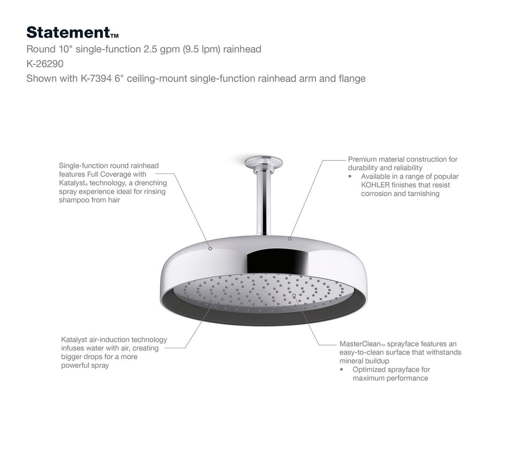 KOHLER K-26291-BL Statement Round 12" Single-Function Rainhead, 2.5 Gpm - Matte Black