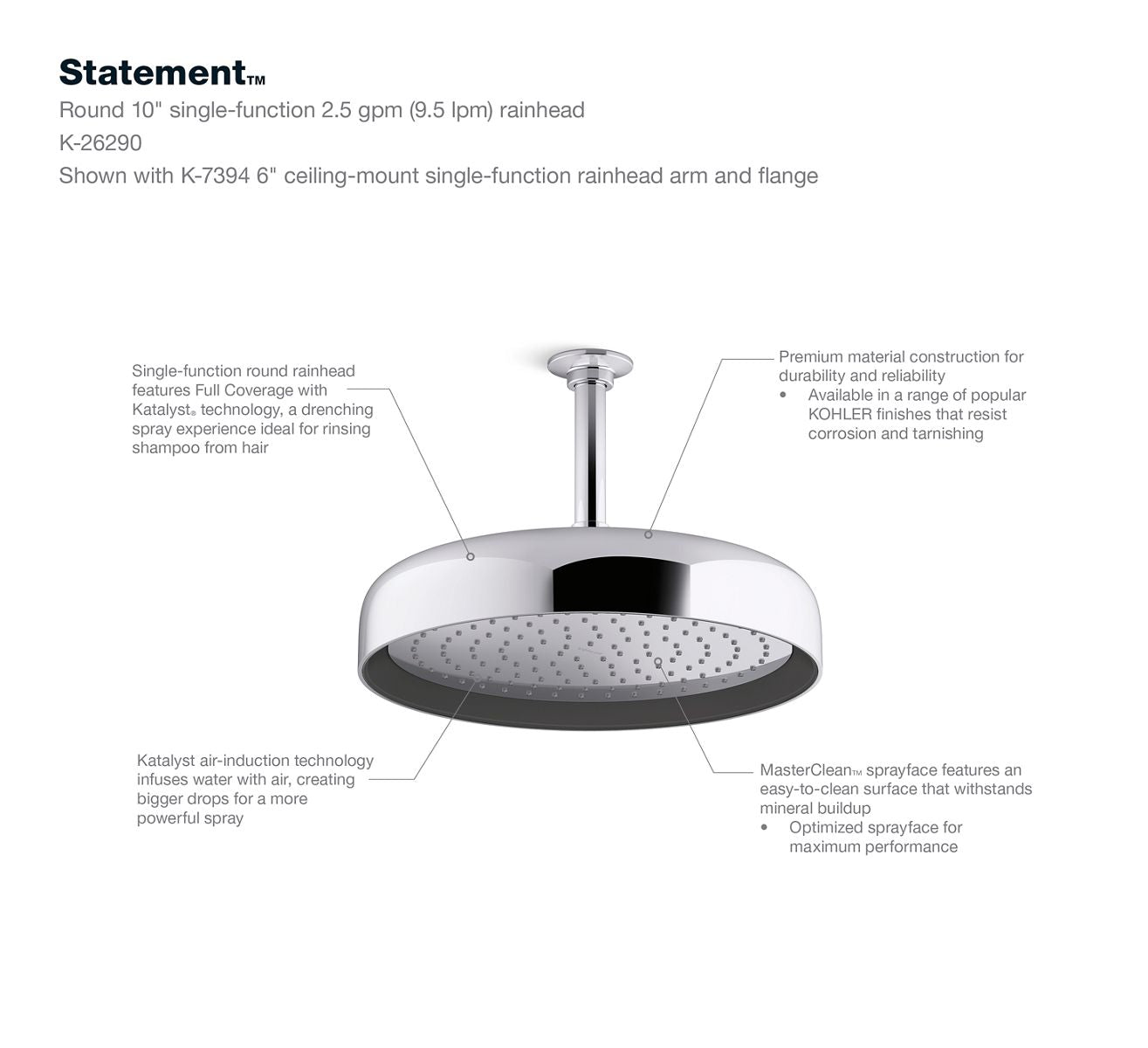 KOHLER K-26291-BL Statement Round 12" Single-Function Rainhead, 2.5 Gpm - Matte Black