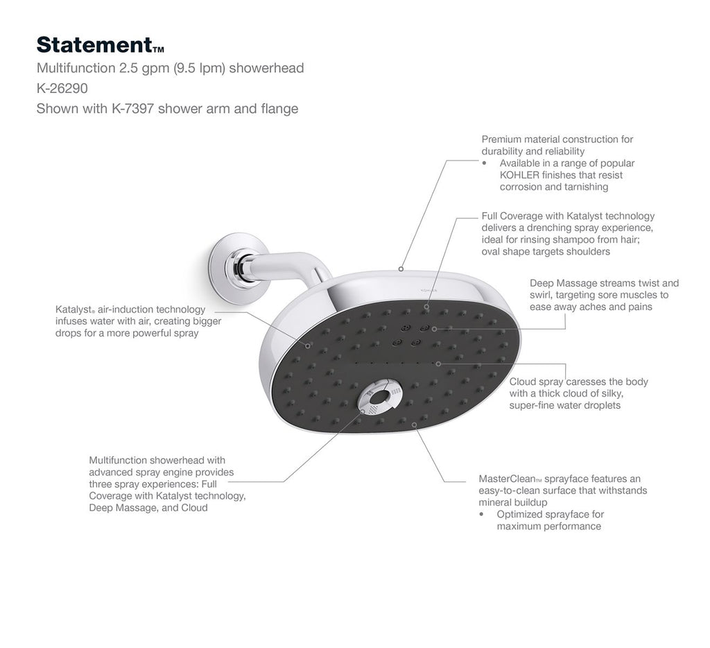 KOHLER K-26290-CP Statement Three-Function Showerhead, 2.5 Gpm - Polished Chrome