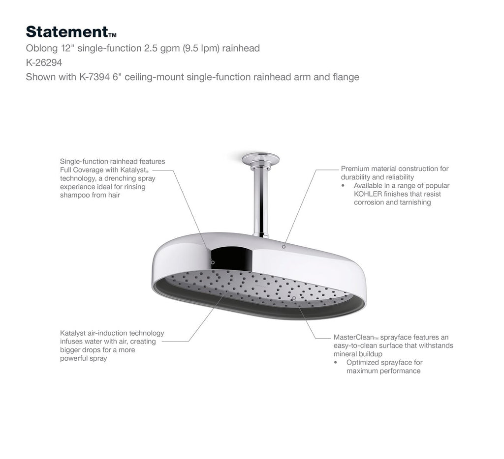 KOHLER K-26294-BL Statement Oblong 14" Single-Function Rainhead, 2.5 Gpm - Matte Black