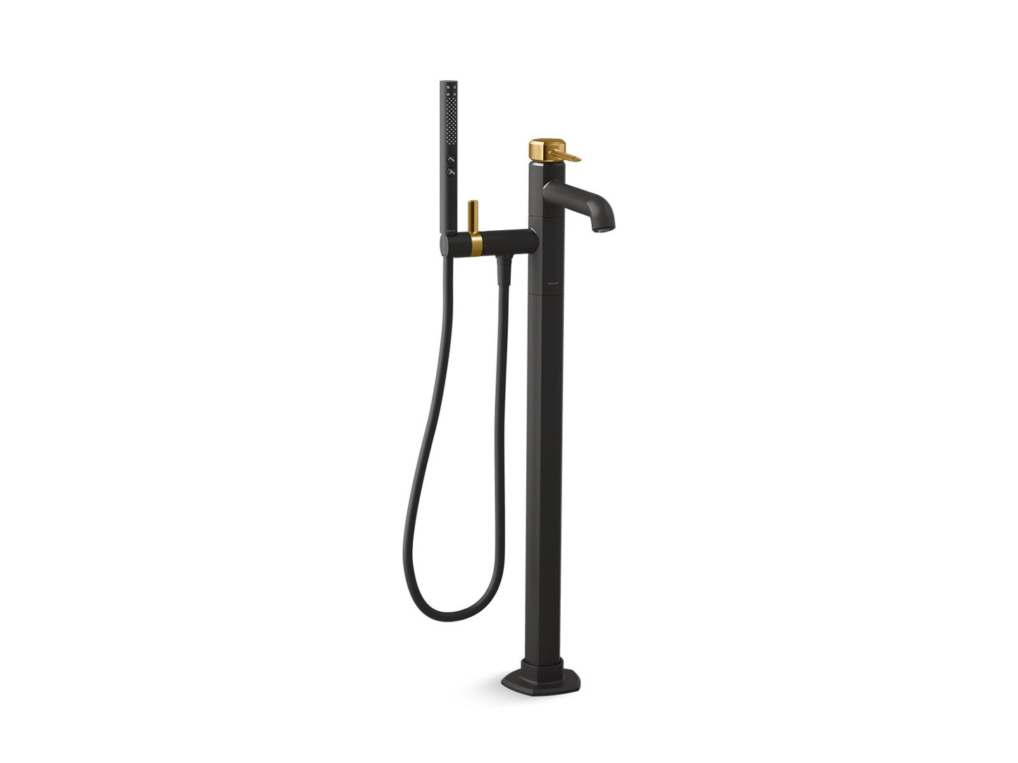 KOHLER K-T27025-4-BMB Occasion Floor-Mount Bath Filler Trim With Handshower In Matte Black with Moderne Brass