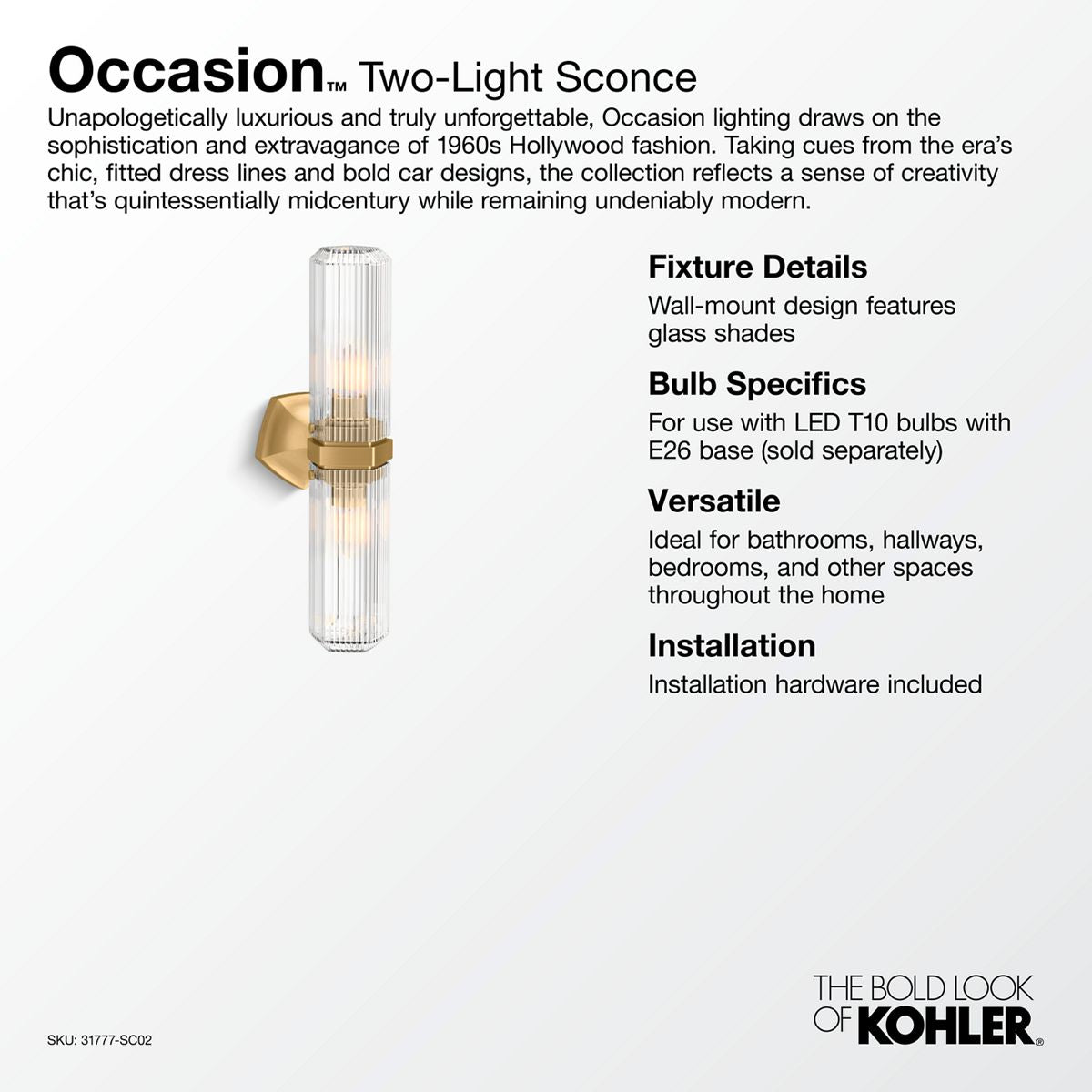 KOHLER K-31777-SC02-BML Occasion Two-Light Sconce - Black With Brass Trim