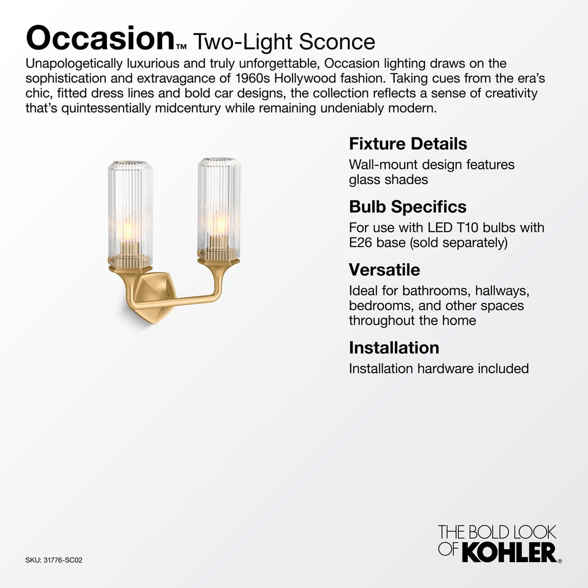 KOHLER K-31776-SC02-BNL Occasion Two-Light Sconce - Brushed Nickel