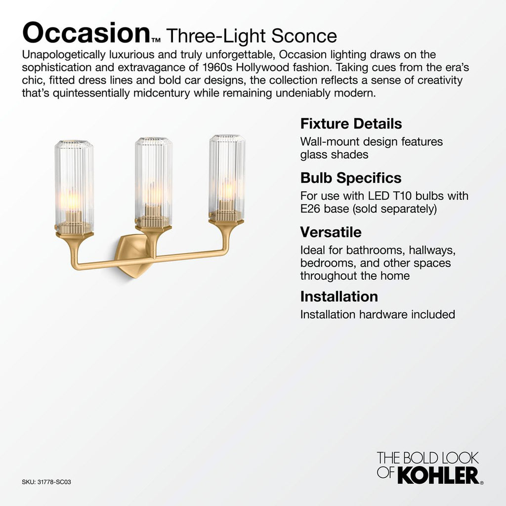 KOHLER K-31778-SC03-BNL Occasion Three-Light Sconce - Brushed Nickel