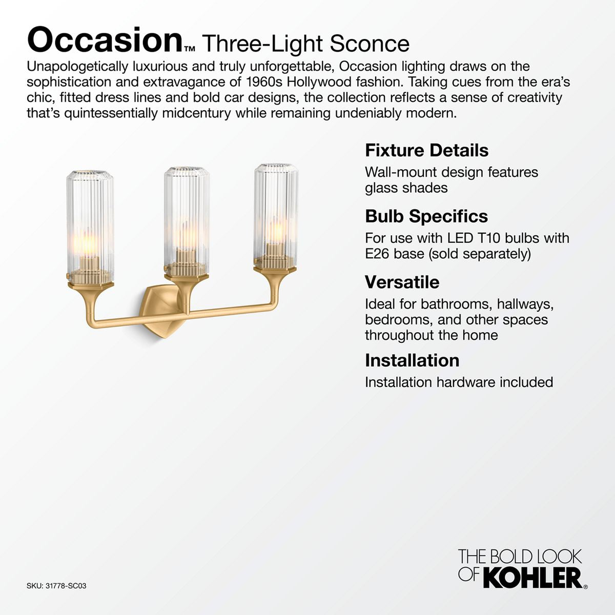 KOHLER K-31778-SC03-BNL Occasion Three-Light Sconce - Brushed Nickel