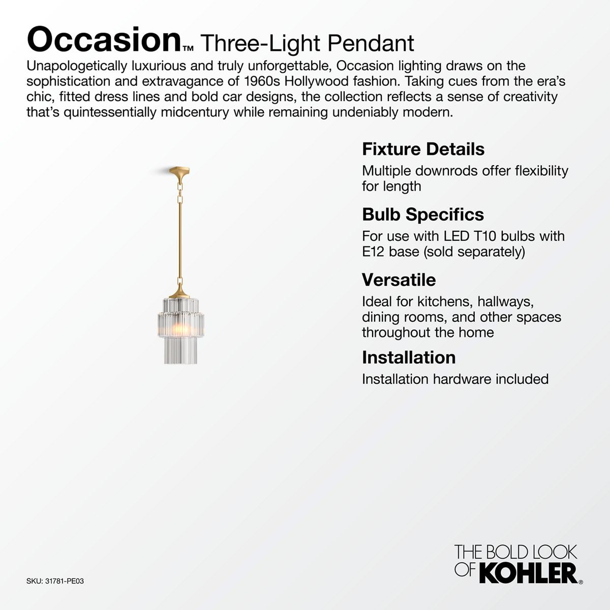 KOHLER K-31781-PE03-SNL Occasion 12" Pendant - Polished Nickel
