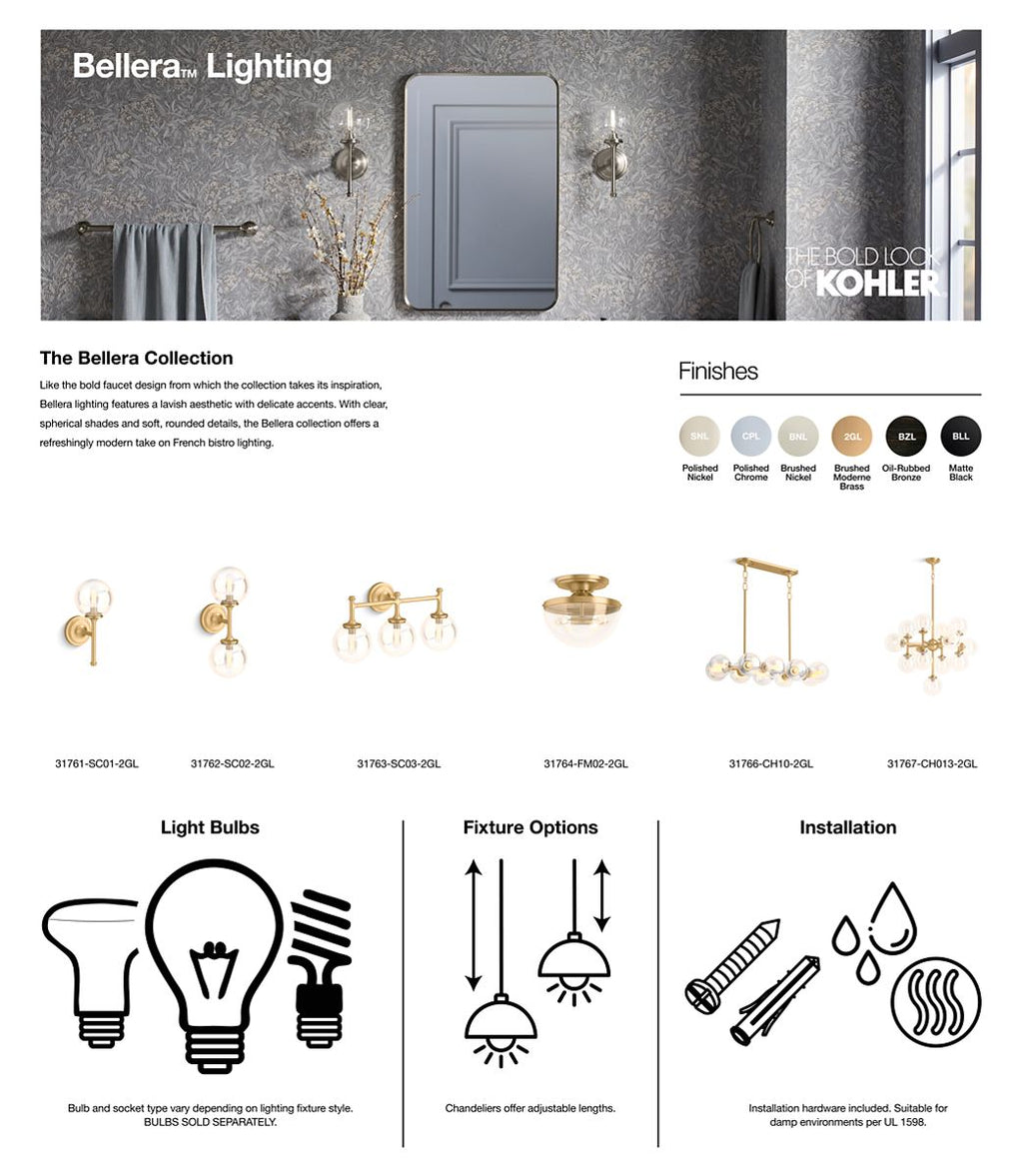 KOHLER K-31766-CH10-2GL Bellera 38" Linear Chandelier - Brushed Moderne Brass