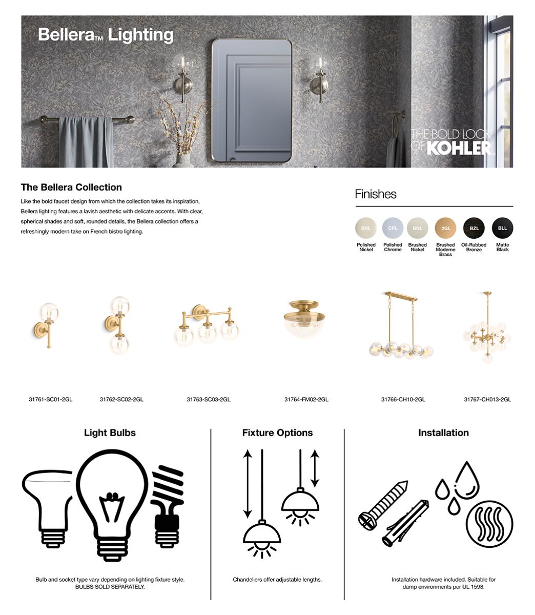 KOHLER K-31766-CH10-2GL Bellera 38" Linear Chandelier - Brushed Moderne Brass