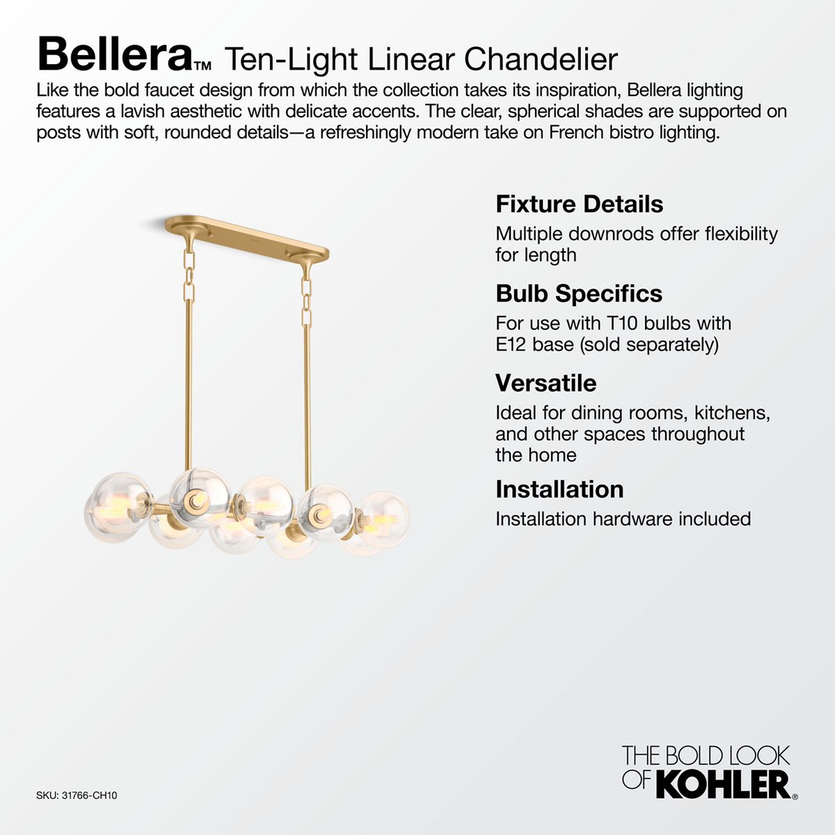 KOHLER K-31766-CH10-2GL Bellera 38" Linear Chandelier - Brushed Moderne Brass