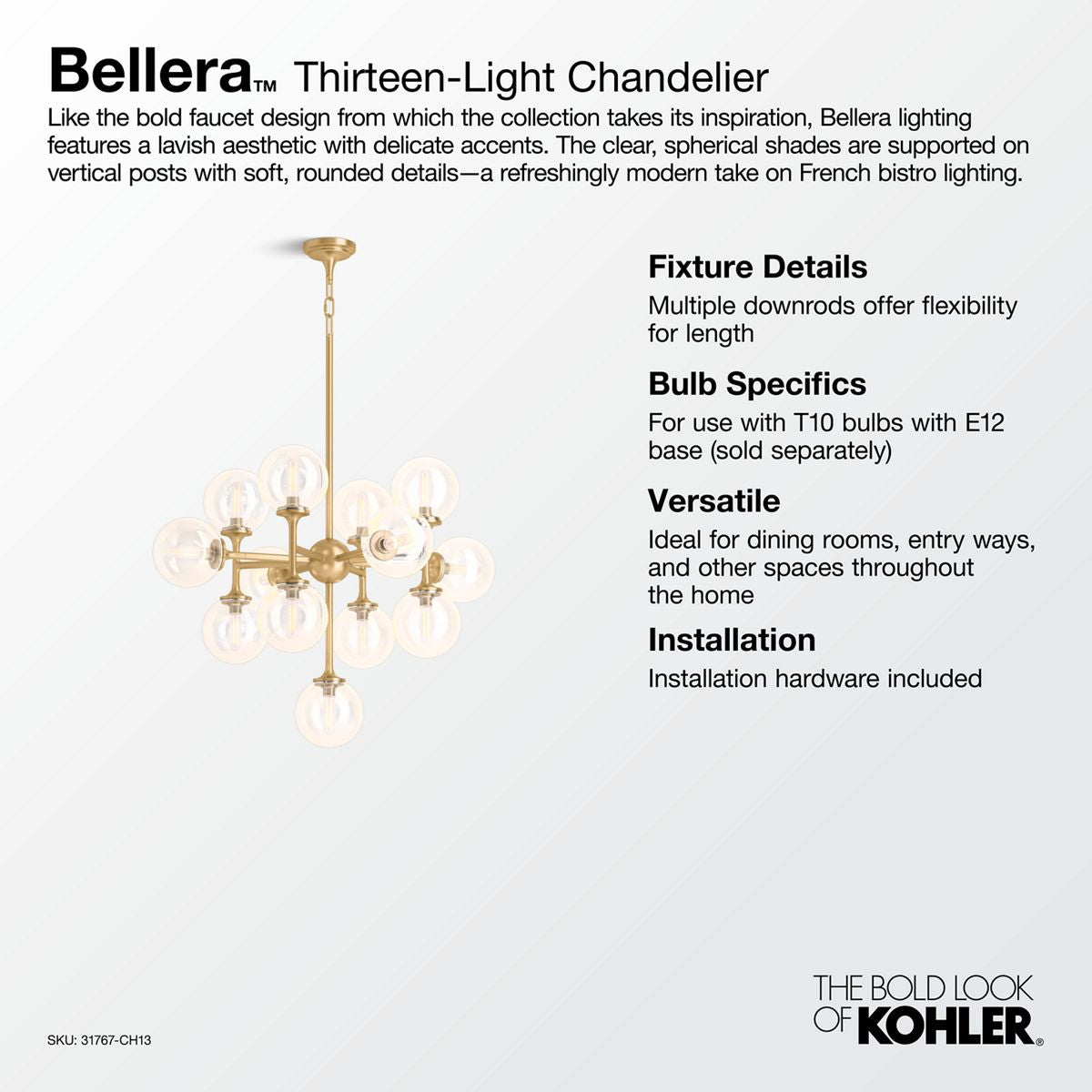 KOHLER K-31767-CH13-2GL Bellera 32" Chandelier - Brushed Moderne Brass