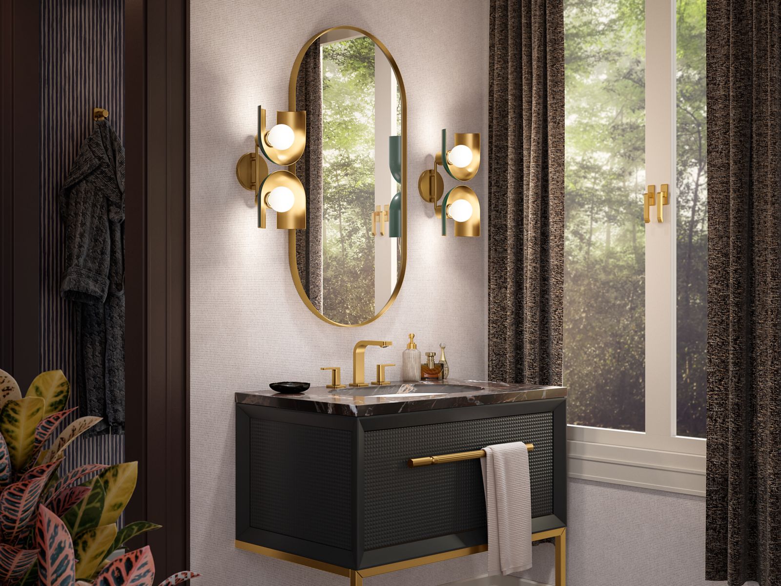 KOHLER K-31783-SC02-BML Jabot Two-Light Sconce - Black With Brass Trim