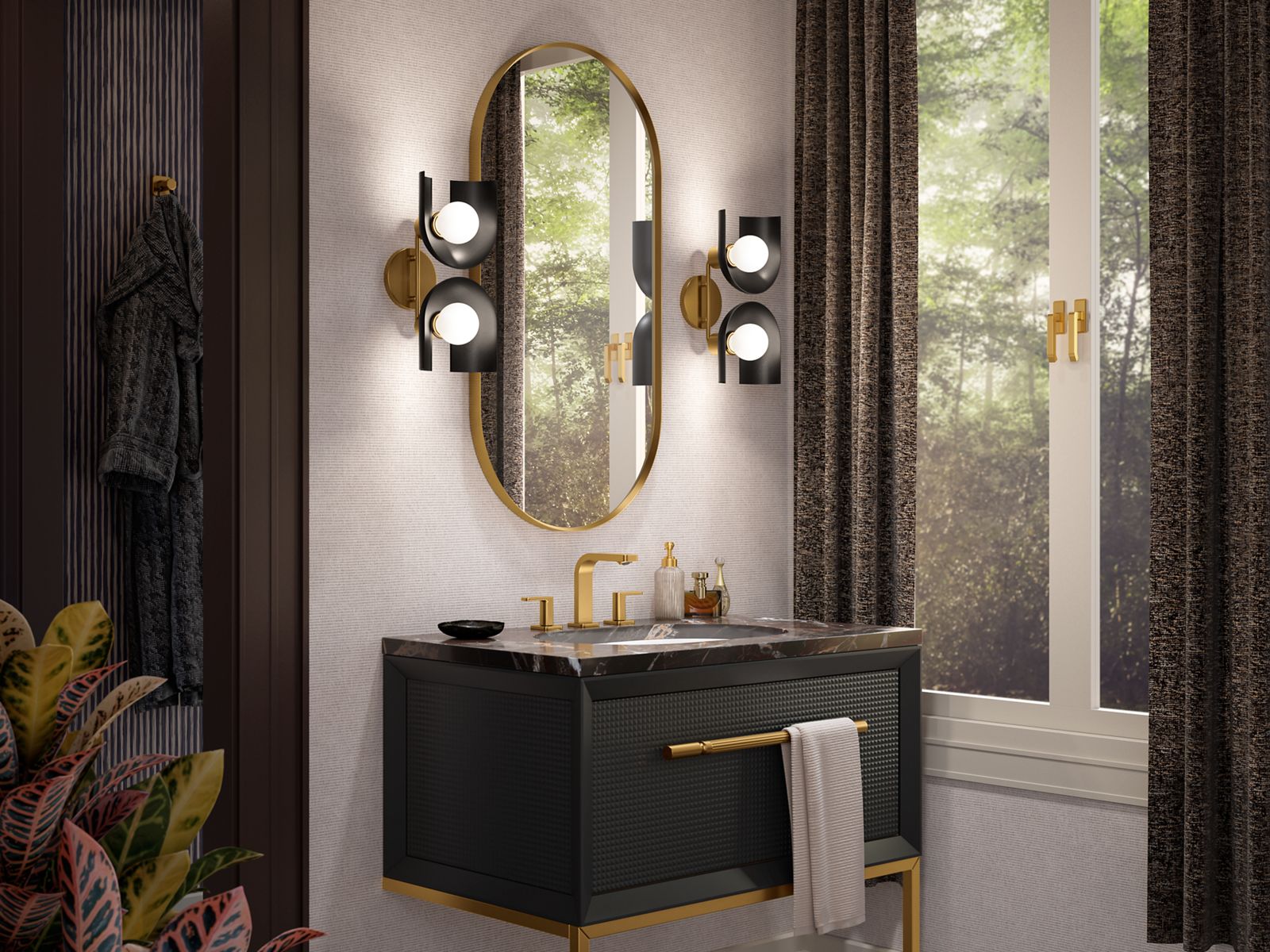 KOHLER K-31783-SC02-BML Jabot Two-Light Sconce - Black With Brass Trim