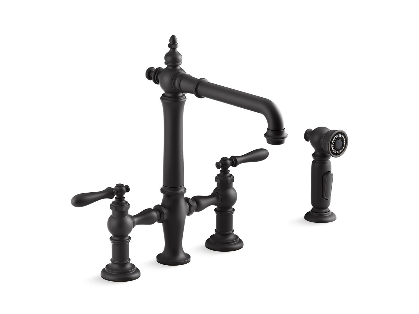 KOHLER K-76519-4-BL Artifacts Two-Hole Bridge Kitchen Sink Faucet With Side Sprayer In Matte Black