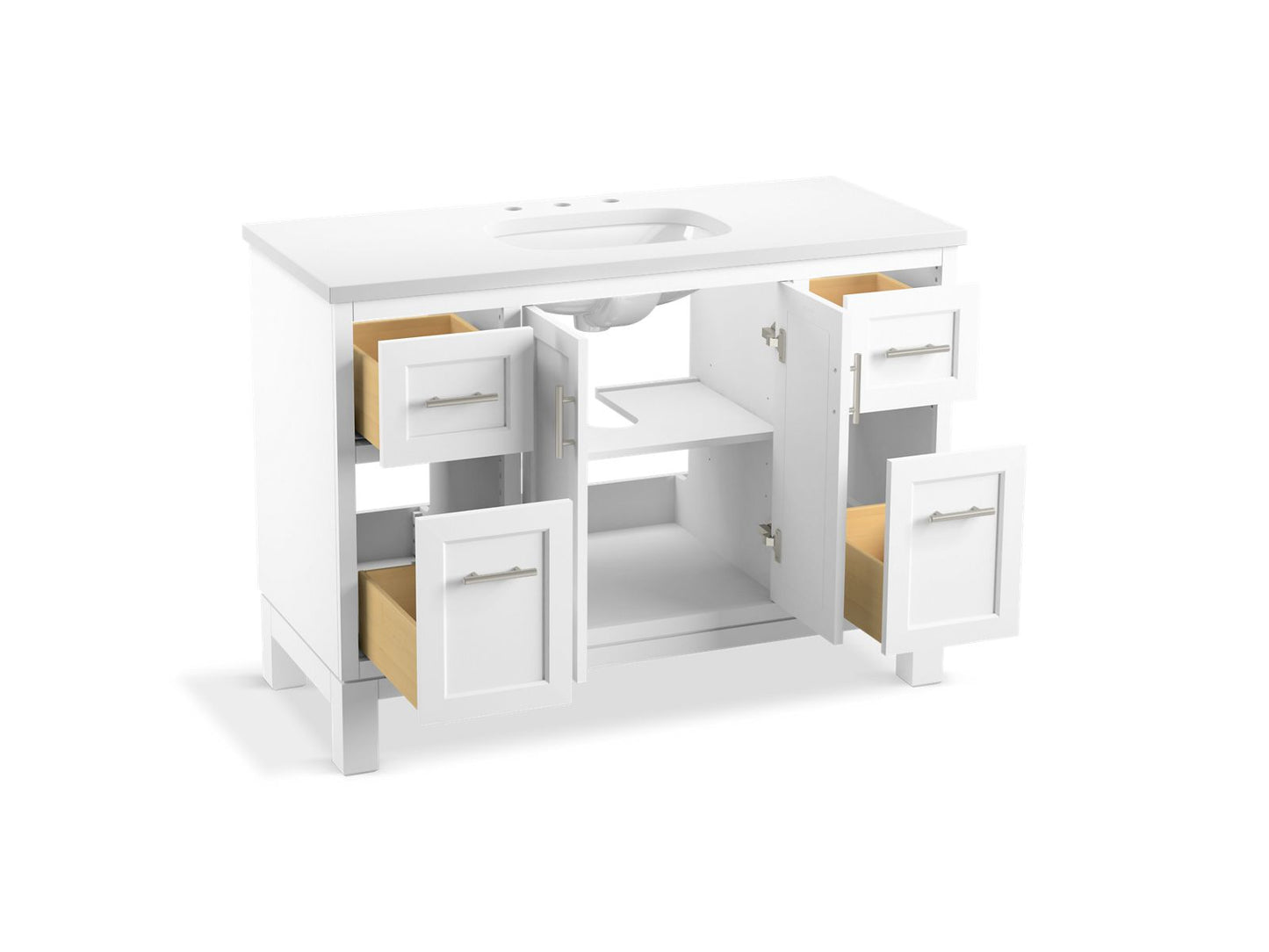 KOHLER K-28383-ASB-0 Quo 48" Bathroom Vanity Cabinet With Sink And Quartz Top In White