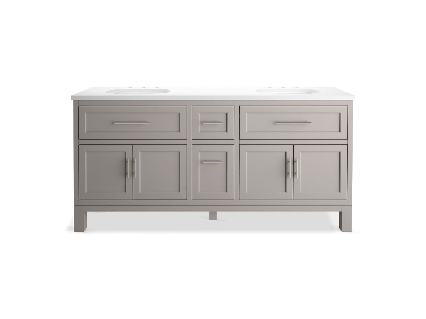 KOHLER K-31247-ASB-1WT Quo 72" Bathroom Vanity Cabinet With Sinks And Quartz Top In Mohair Grey