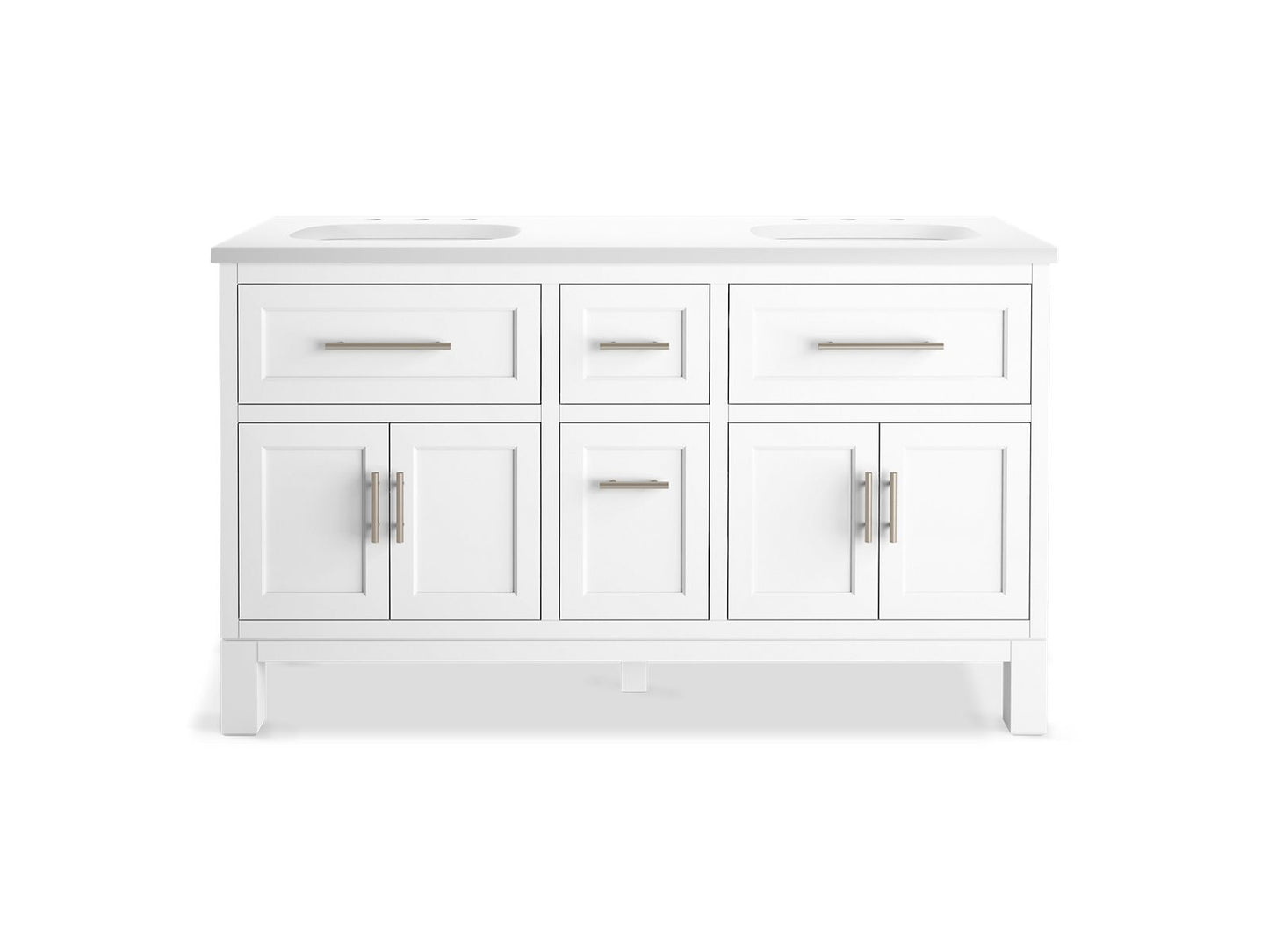 KOHLER K-31246-ASB-0 Quo 60" Bathroom Vanity Cabinet With Sinks And Quartz Top In White