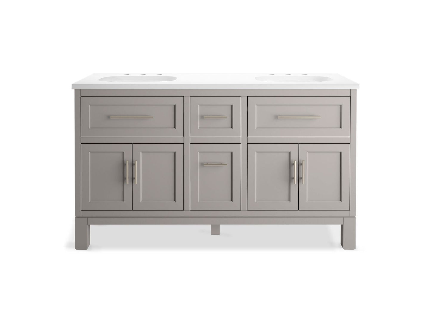 KOHLER K-31246-ASB-1WT Quo 60" Bathroom Vanity Cabinet With Sinks And Quartz Top In Mohair Grey