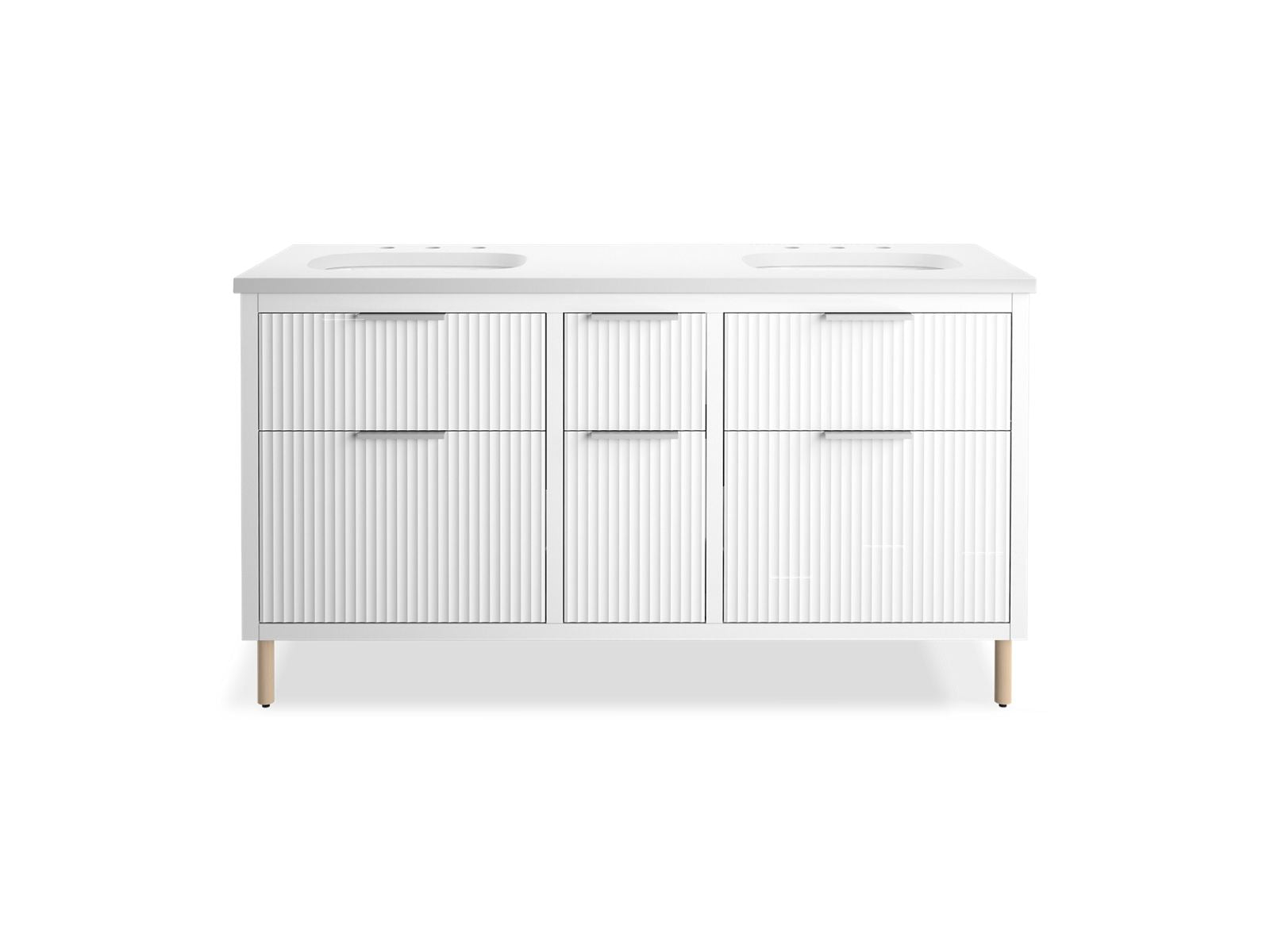 KOHLER K-32173-ASB-0 Spacity 60" Wall-Hung Bathroom Vanity Cabinet With Sinks And Quartz Top In White